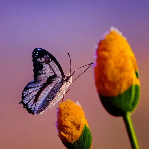 Prompt: ( butterfly with wings made out of feathers ), drinking from a large beautiful flower, frost, sunrise, macro shot, hyper realism,
