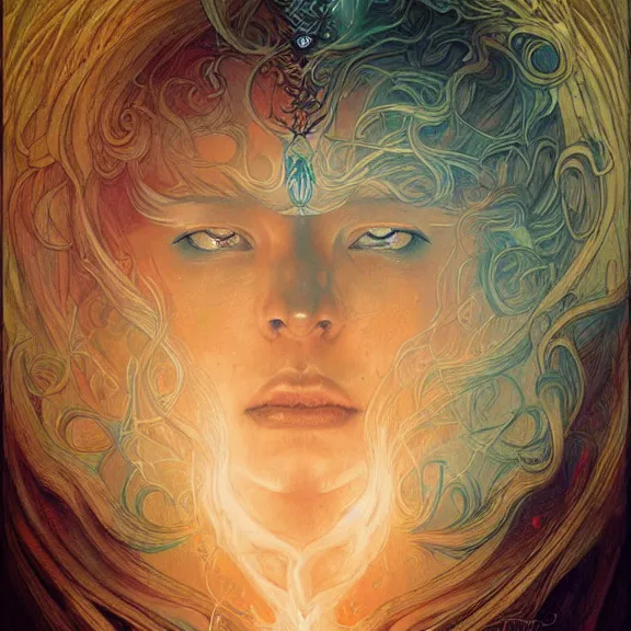 Prompt: a highly detailed beautiful portrait in the style of jean delville and in the style of peter mohrbacher. glowing runes of magical power.