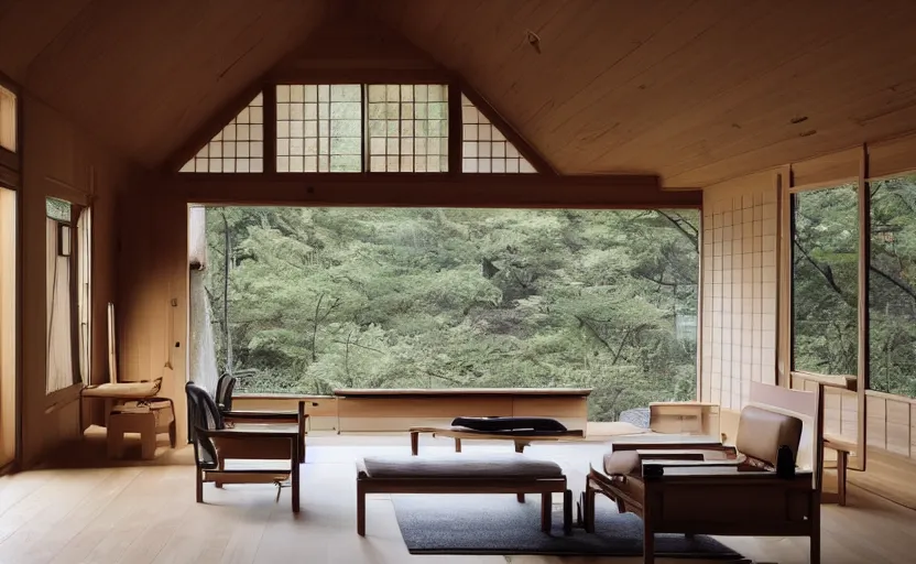 Image similar to luxurious wooden cottage by yabu pushelberg, modern japanese living room, japanese wabi - sabi arrangements, coherent composition, architectural photography