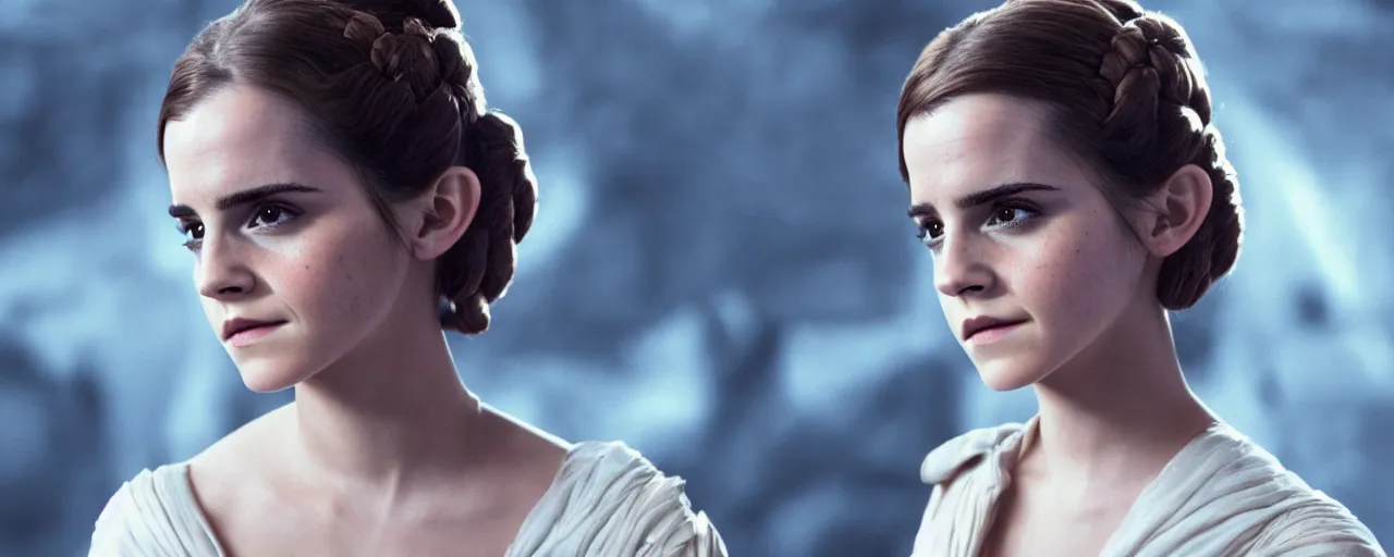 Image similar to Emma Watson as Princess Leia, 4k wallpaper, movie poster, cinematic