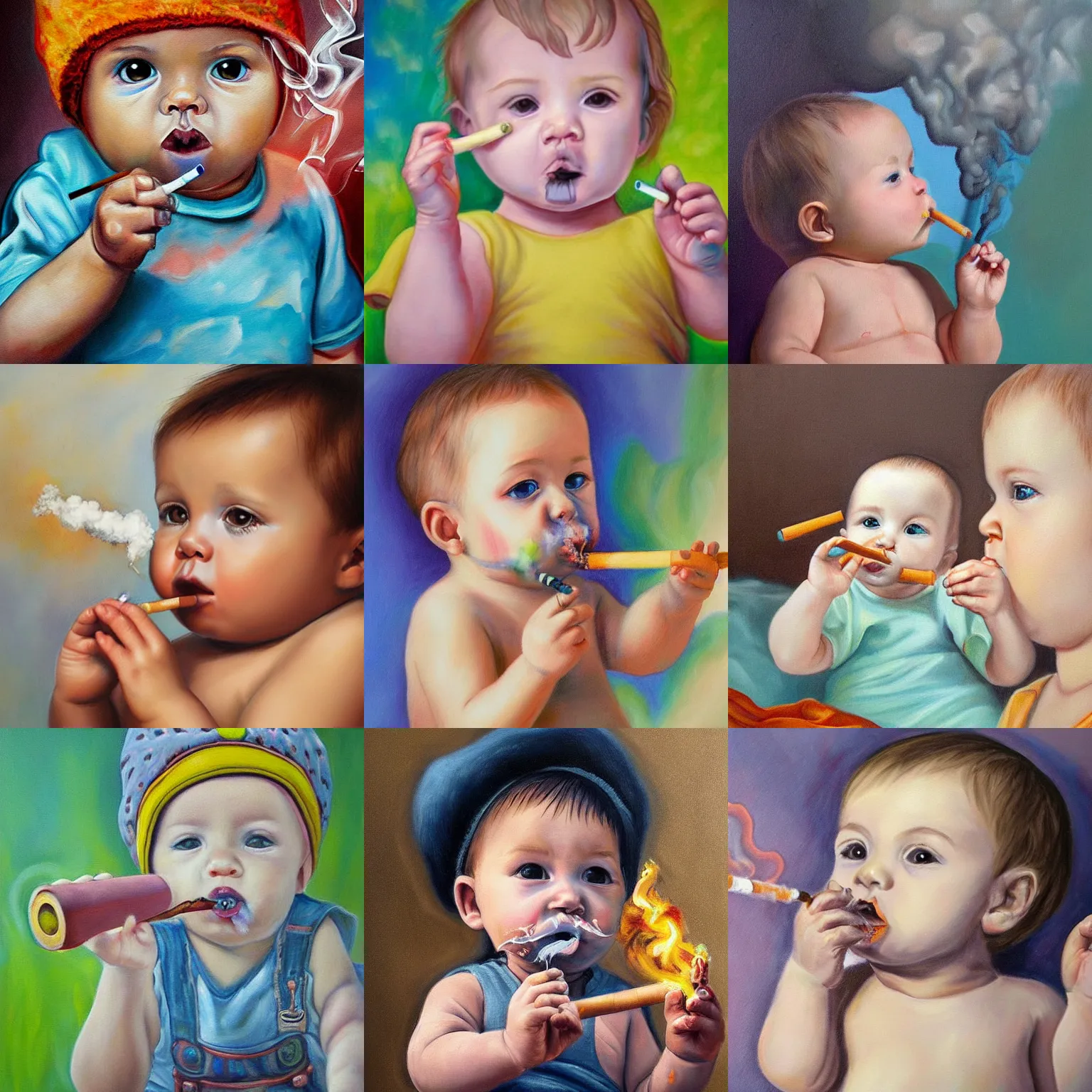 Prompt: ultra detailed painting of a baby smoking a cigarette
