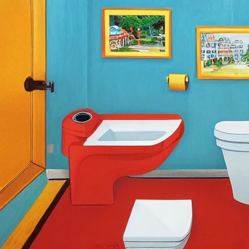 Image similar to photograph of a toilet. the toilet is covered in a painting by richard scarry