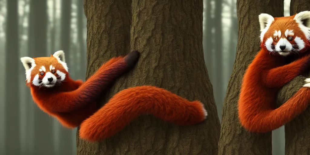 Image similar to fantasy red panda love, raised hands side by side in the winter trees, he holds her while she sleeps, hyperrealism, 8 k octane render