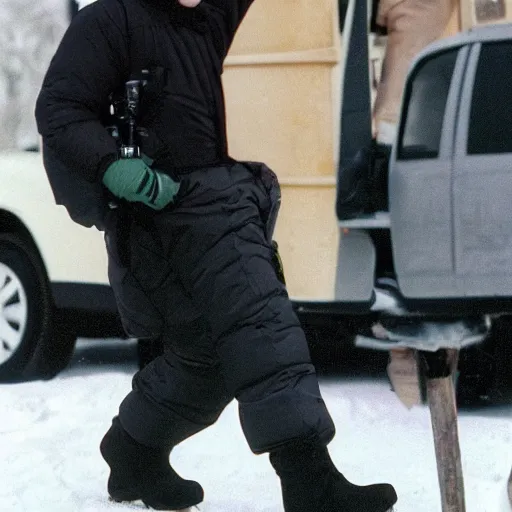 Image similar to john paul ii posing in a black puffed nuptse, black cargo pants and high black boots, press paparazzi photograph