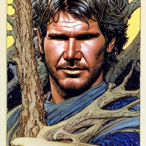 Image similar to a realistic, very beautiful and atmospheric portrait of young harrison ford as a druidic warrior wizard looking at the camera with an intelligent gaze by rebecca guay, michael kaluta, charles vess and jean moebius giraud