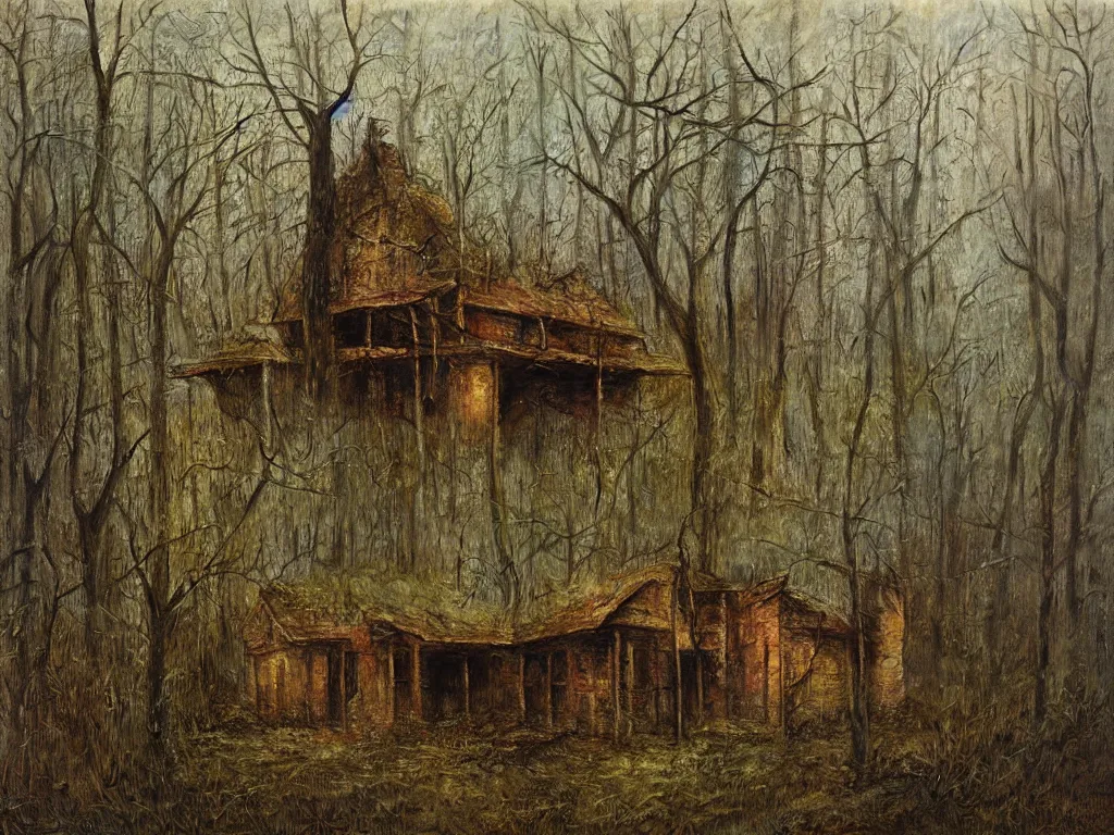 Prompt: abandoned wooden house in the woods, by zdzislaw beksinski, oil on canvas