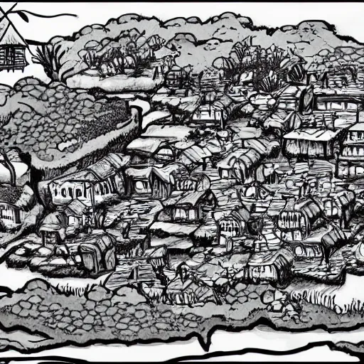 Image similar to village by a river in the style of Eiichiro Oda