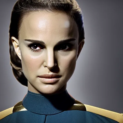 Image similar to Natalie Portman in Star Trek, ¾ view, (EOS 5DS R, ISO100, f/8, 1/125, 84mm, postprocessed, crisp face, facial features)