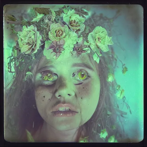 Image similar to a beautiful detailed front view portrait of a rotten woman corpse with plants and fractal flowers growing around, volumetric light, beautiful lit, polaroid photography