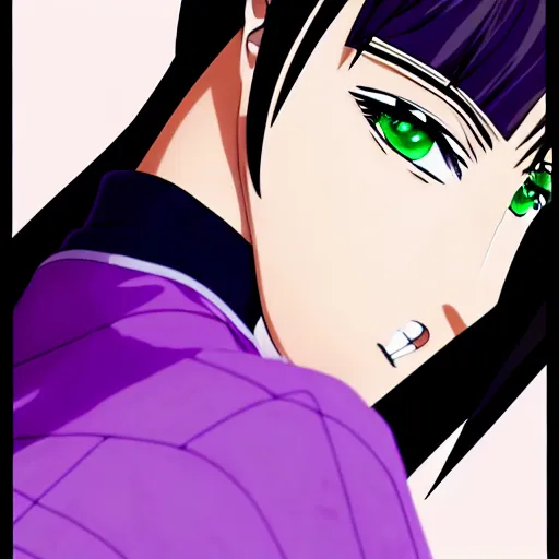 Image similar to anime poster film still portrait, young black woman, black black black woman, purple colored eyes, purple colored eyes, white french bob, green colored bomber jacket, detailed facial features, dynamic pose,, rimlight, cel shaded, 4 k