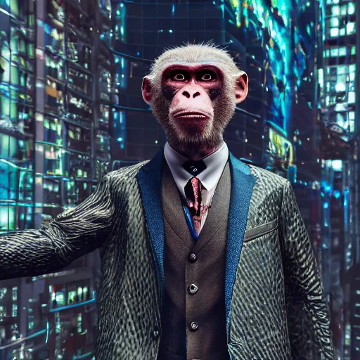 Image similar to Photography of ultra mega super hyper realistic detailed monkey by Hiromasa Ogura wearing cyberpunk style suit . Photo made from 30 meters distance on Leica Q2 Camera, Rendered in VRAY and DaVinci Resolve and MAXWELL and LUMION 3D, Volumetric natural light. Wearing cyberpunk suit with many details by Hiromasa Ogura .Rendered in VRAY and DaVinci Resolve and MAXWELL and LUMION 3D, Volumetric natural light