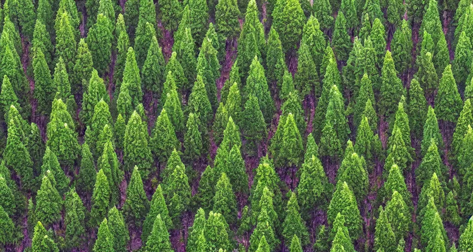 Image similar to an orderly forest with evenly spaced trees