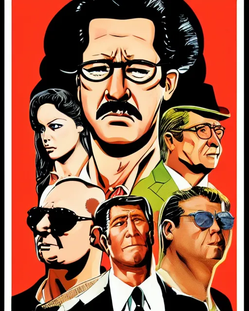 Prompt: a 1 9 7 0 s promotional poster for a mafia king of the hill movie in the style of robert mcginnis, poster design, vintage, king of the hill, dramatic, dramatic lighting, hank hill, dale gribble, boomhauer, bill dauterive, john redcorn