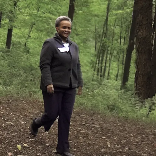 Prompt: chicago mayor lori lightfoot spotted on woodland trail cam night vision