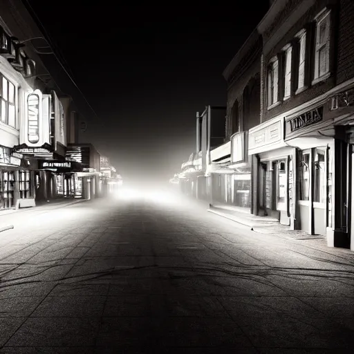 Image similar to A stunningly beautiful award-winning 8K high angle from 2nd floor cinematic movie photograph looking down diagonally across a spooky dark very foggy empty lightless moonlit main street intersection in an abandoned 1950s small town at night. perfect composition, moody low key backlit. Color palette from Seven, greens yellows and reds. 2 point perspective. Octane render, dense fog, no lights