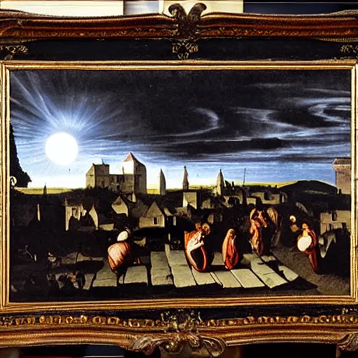 Image similar to dark solar eclipse, above a village, highly detailed, studio 4 k quality, by caravaggio