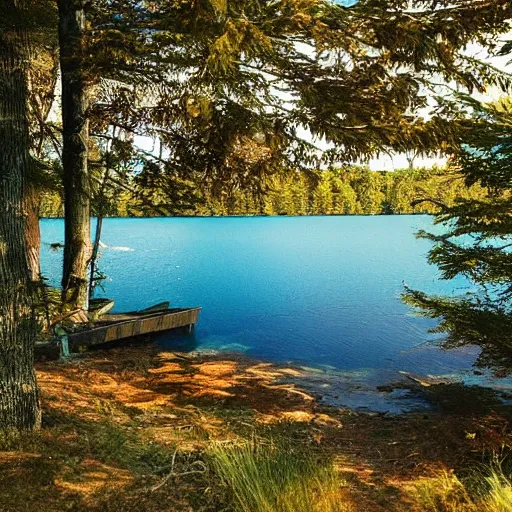 Image similar to lake of clear blue waters woodlot beside a cabin, felix Kelly, digital art, artstation