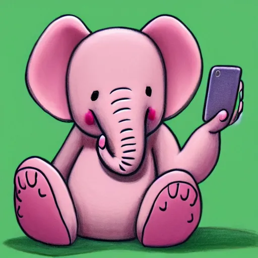 Prompt: light pink heffalump holding a smartphone, talking on the phone, detailed, color pencil art, children's illustration, trending on artstation