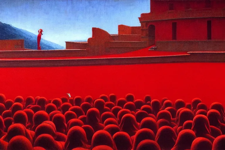 Image similar to only with red, a red great emperor, taormina amphitheatre, crowd with big smile, in the style of beksinski, parts by edward hopper, parts by rodcenko, parts by yue minjun, intricate and epic composition, red by caravaggio, insanely quality, highly detailed, masterpiece, red light, artstation, 4 k