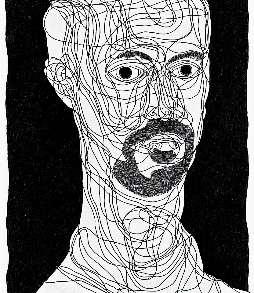 Image similar to detailed line art portrait of ramakrishna, inspired by egon schiele. caricatural, minimalist, bold contour lines, musicality, soft twirls curls and curves, confident personality, raw emotion