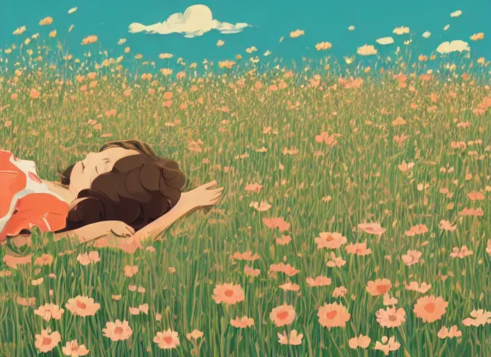 Image similar to a little girl with short wavy curly light brown hair is asleep in a flower meadow. clean cel shaded vector art. shutterstock. behance hd by lois van baarle, artgerm, helen huang, by makoto shinkai and ilya kuvshinov, rossdraws, illustration, art by ilya kuvshinov