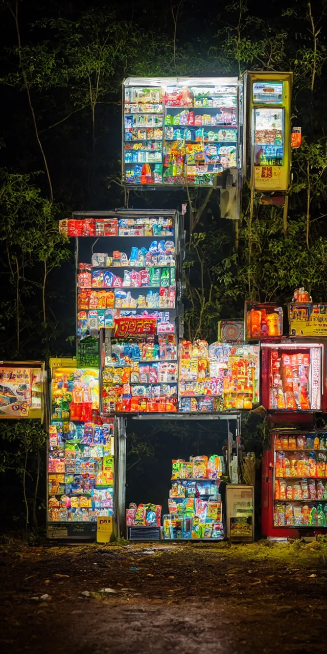 Prompt: a photograph of a roadside shop and vending machines at night in an asian forest during a rainstorm