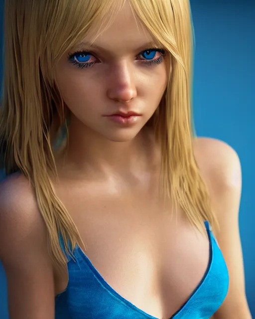 Image similar to highly detailed photography, photorealistic, young girl, blonde hair, blue eyes, in short mini skirt, full body shot, hyperdetailed, airbrushed, unreal engine, global illumination, ultra detailed