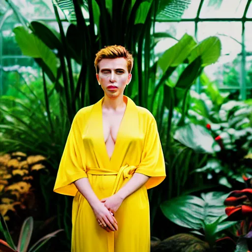 Prompt: head and shoulder portrait medium format photograph of scarlett johansson wearing a yellow kimono in a tropical greenhouse. super resolution. 85 mm f1.8 lens.bokeh.graflex.