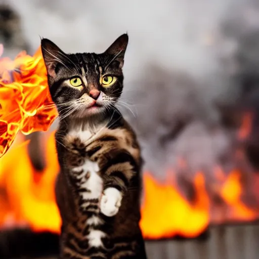 Image similar to a cat holding a flamethrower next to a burning house
