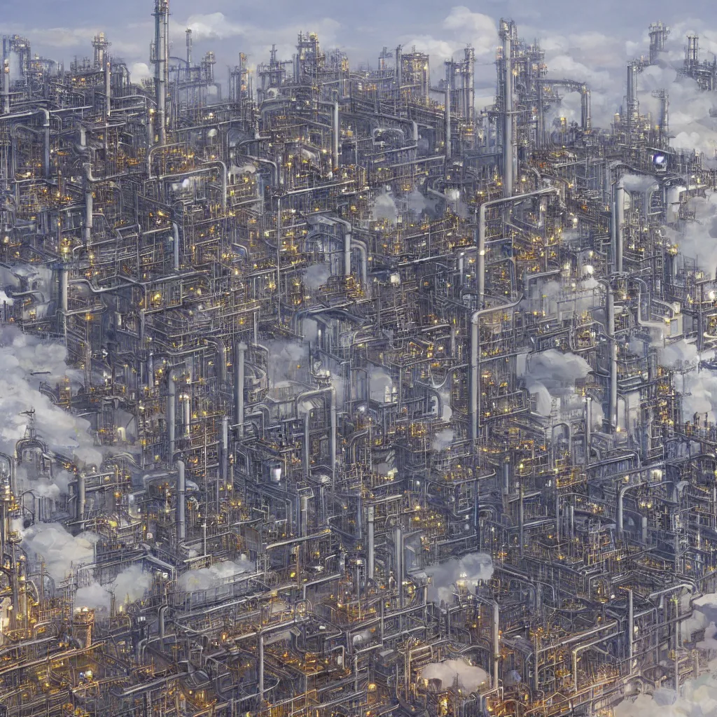 Prompt: a painting of a refinery made of chrome, concept art by taro yamamoto, pixiv contest winner, auto - destructive art, official art, concept art, pixiv