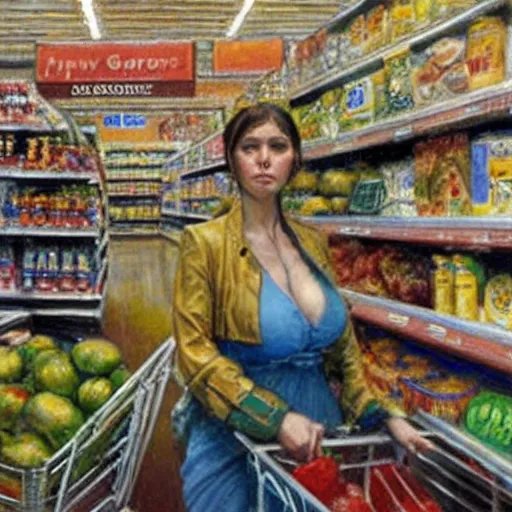 Prompt: portrait of a female survivor in the supermarket, by donato giancola.