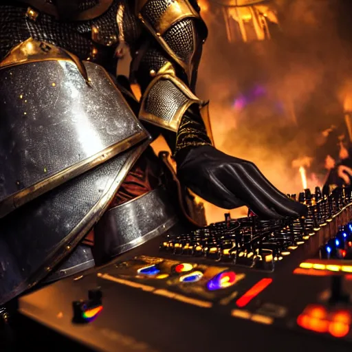 Prompt: photograph of a dubstep dj in holy knight armor djing during a medieval party, 8 k resolution, high detail