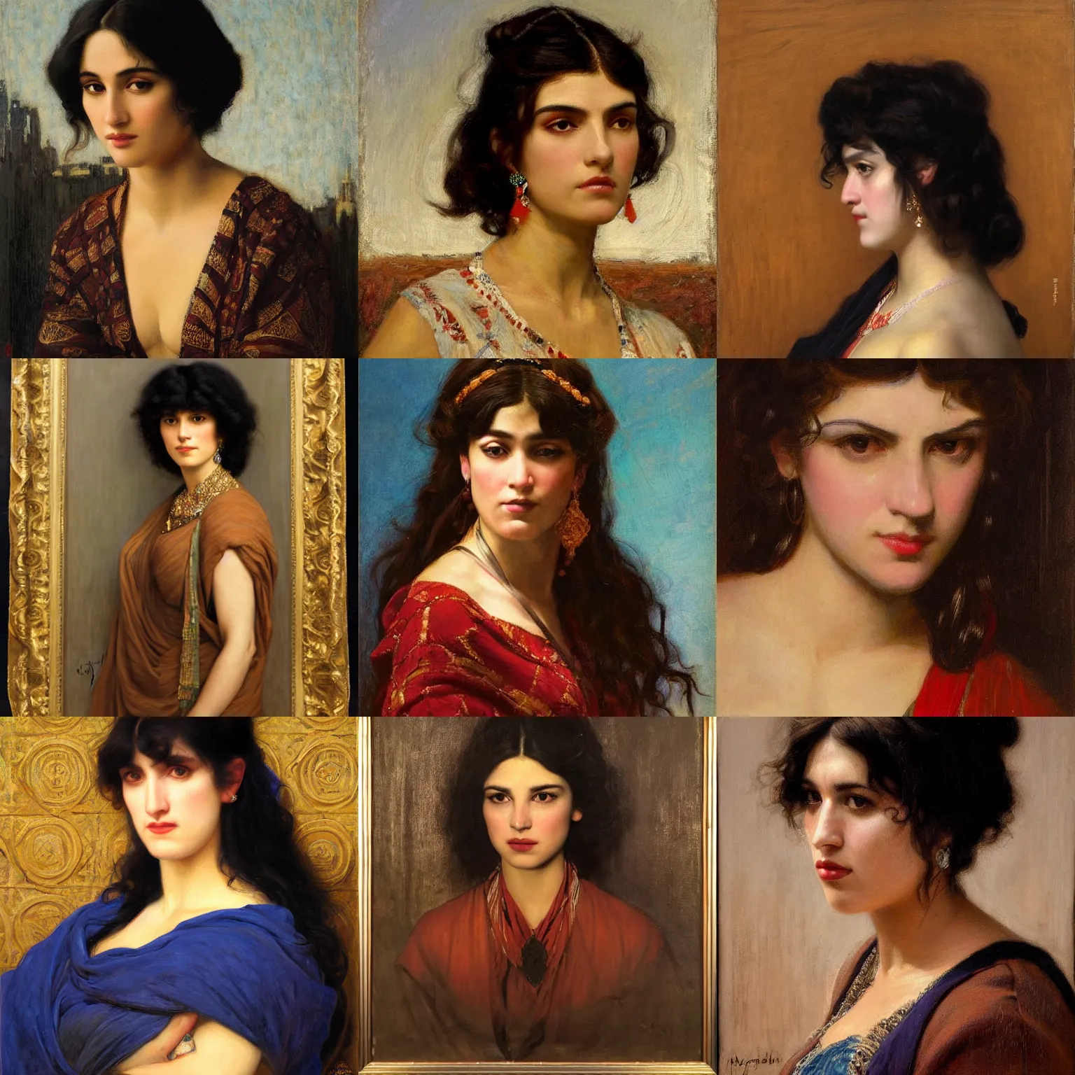 Prompt: orientalism portrait of a frowning beautiful woman with bangs and dark curls in front of the sky by Edwin Longsden Long and Theodore Ralli and Nasreddine Dinet and Adam Styka, masterful intricate artwork. Oil on canvas, excellent lighting, high detail 8k