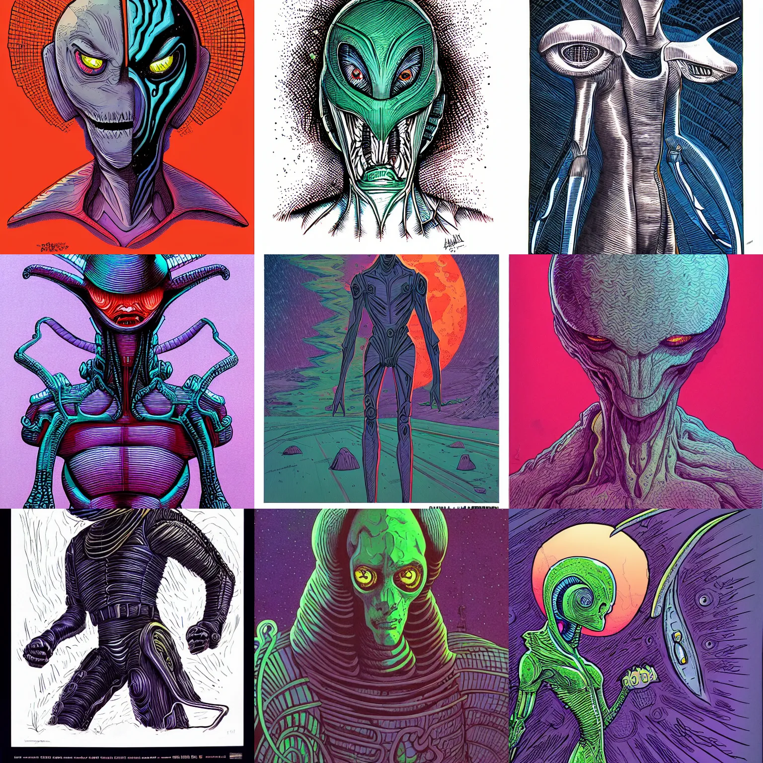 Prompt: a felt - pen illustration of an sci - fi alien species in style of michael whelan, poster color on paper. deep color palette. soft, high - resolution, flat, modern illustration, detailed pen strokes.