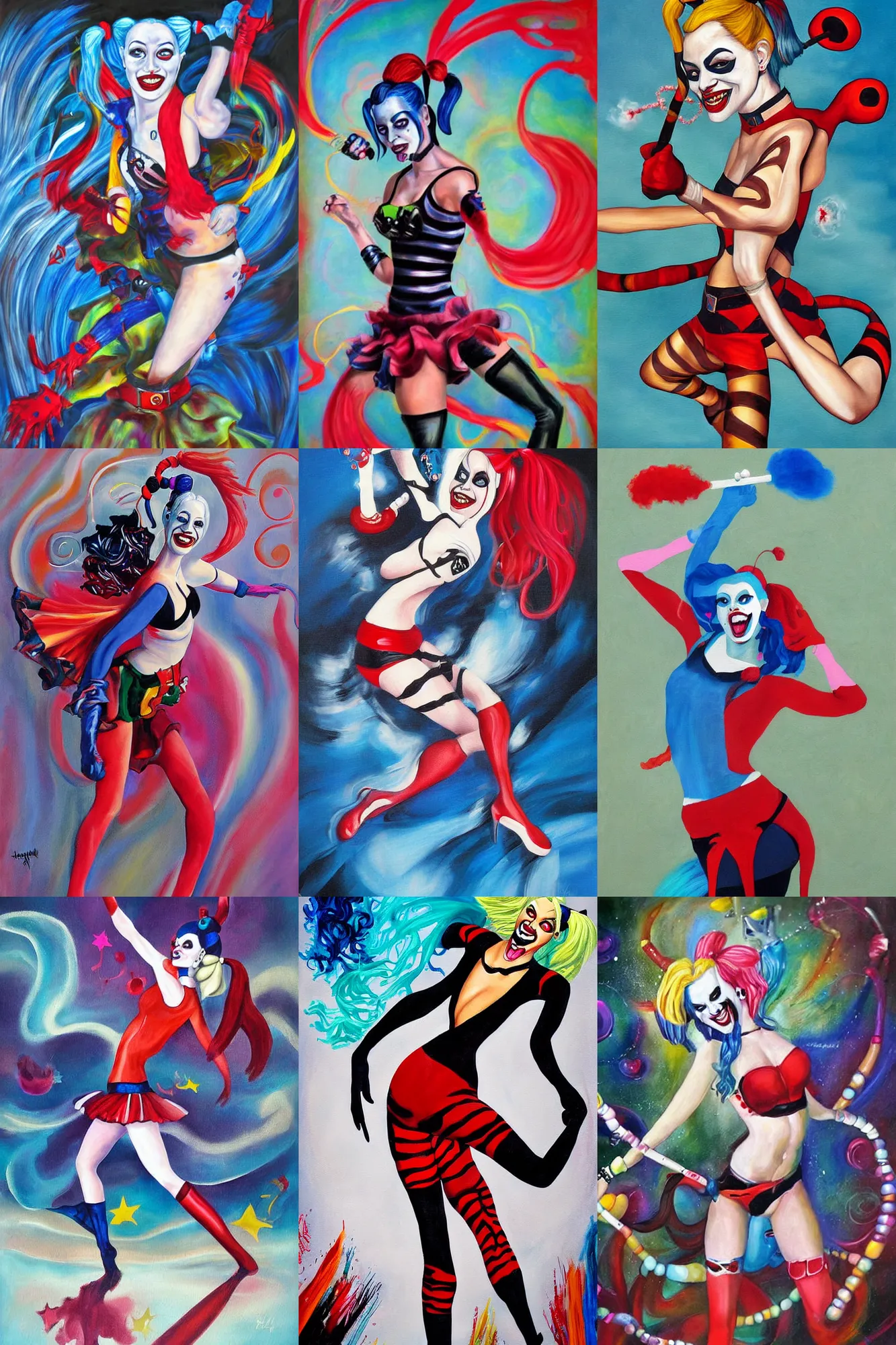 Prompt: Surreal painting of Harley Quinn doing a swirling pirouette