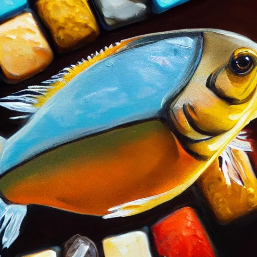 Image similar to a detailed oil painting of a fish above a chocolate bar