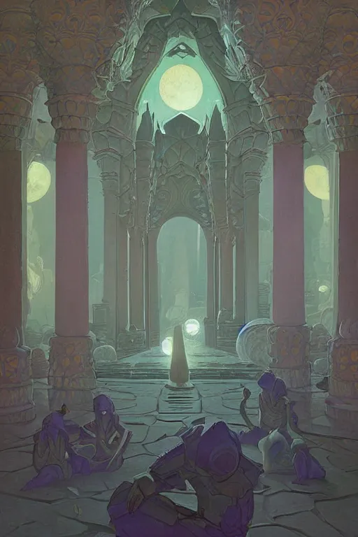 Prompt: the lair of the moon, by Sylvain Sarrailh and Nicholas Roerich and jean delville and Tyler Edlin and William Dyce, dramatic cinematic lighting , beautiful garden, ornate carved architecture, smooth, sharp focus, extremely detailed