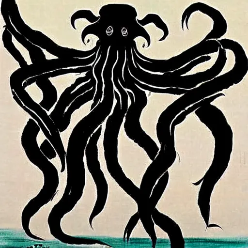 Image similar to cthulhu by qi baishi, chinese traditional painting