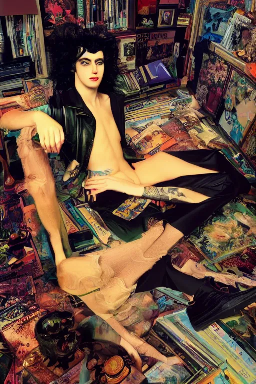 Image similar to goth guy sitting on the floor of a cluttered 9 0 s bedroom reading a book by rolf armstrong, vaporwave colors, lo - fi, 4 k, hd,