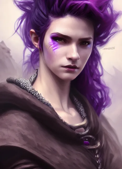 Image similar to photography of rugged girl, adventurer outfit large cloak, dragon scales, undercut hairstyle, short purple black fade hair, deep focus, d & d, fantasy, intricate, elegant, highly detailed, digital painting, artstation, concept art, matte, sharp focus, illustration, hearthstone, art by artgerm and greg rutkowski and alphonse mucha