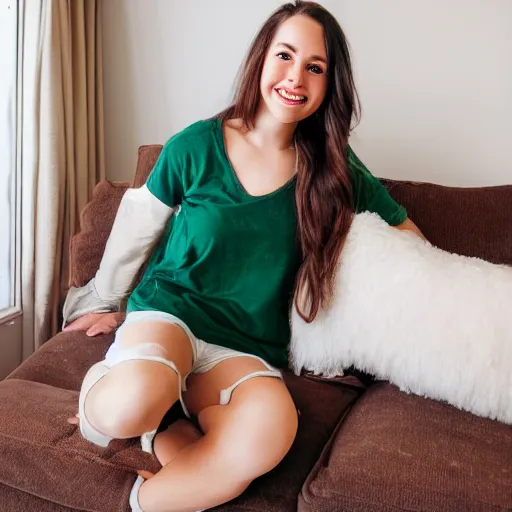 Image similar to Photo of a cute young woman smiling, long shiny bronze brown hair, full round face, emerald green eyes, medium skin tone, light cute freckles, smiling softly, wearing casual clothing, relaxing on a modern couch, interior lighting, cozy living room background, medium shot, mid-shot, soft focus, professional photography, Portra 400