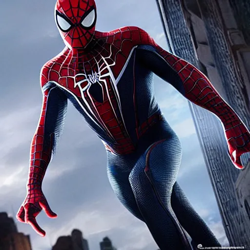 Image similar to promotional photo from new mcu spiderman movie featuring a black symbiote spiderman suit worn by tom holland