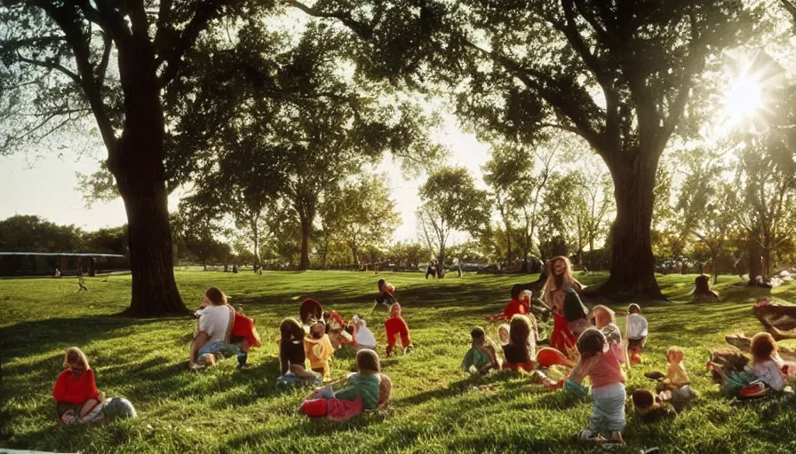 Image similar to 1990s candid photo of a beautiful day at the park, families playing, cinematic lighting, cinematic look, golden hour, large personified fruit people in the background, Enormous fruit people with friendly faces, kids talking to fruit people, UHD