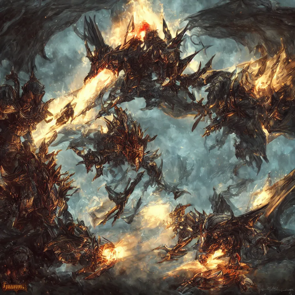 Image similar to a knight fighting bahamut from final fantasy in the woods, highly detailed, digital art, sharp focus, trending on art station, warhammer 4 0 k fantasy