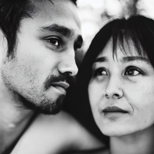 Prompt: A woman and a man looking at each other, close up portrait shot