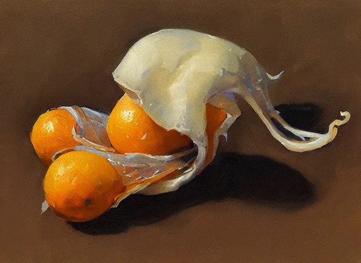 Prompt: “ a highly detailed beautiful portrait of a squid peeling an orange, by gregory manchess, james gurney, james jean ”