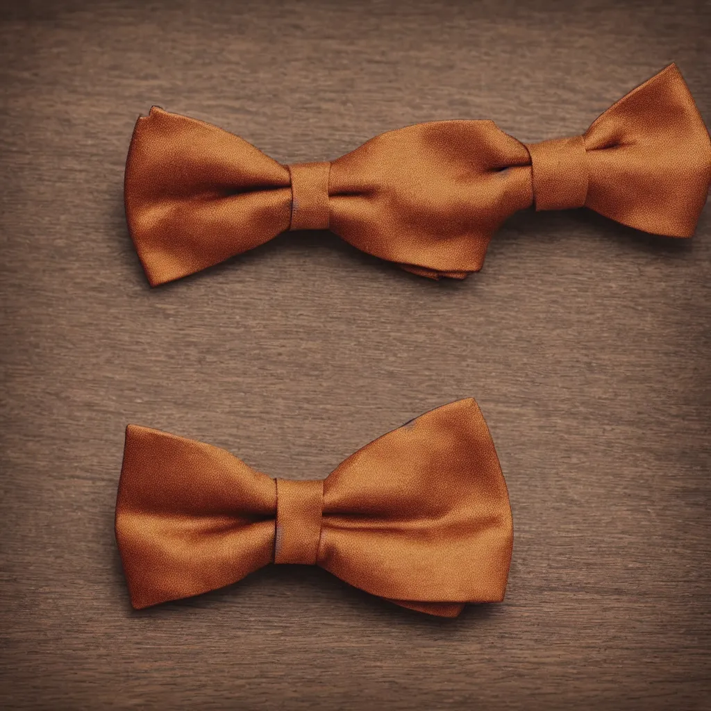 Prompt: close - up view of a bowtie on wooden table, 8 k, high detail, photorealistic, proper shading