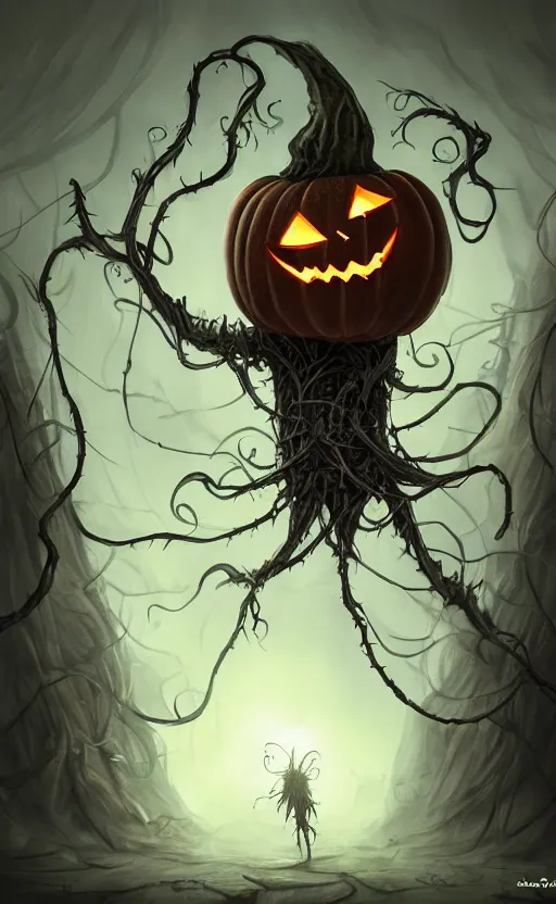 Image similar to fantasy monster concept art, a jack o lantern monster with vines for a body walking down a street of nightmares, dynamic lighting, photorealistic, trending on art station, stunning visuals, creative, cinematic, ultra detailed, atmospherical, ambient lighting, scary art, eery art