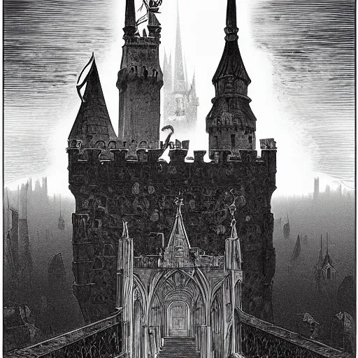 Image similar to an ultra detailed black and white tarot card of a lonely and impossibly tall ominous gothic dark citadel tower of the evil patriarch, battlements, castle wall, portcullis, in a river elevated high above the city, scary gothic architecture, ultrawide lense, aerial photography, exquisite detail, 8 k, art by greg rutkowski and alphonse mucha