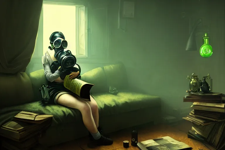 Prompt: girl with wearing a gas mask lying on the sofa reading a book in her room, in the style of dariusz zawadzki, solarpunk, atmospheric, clean, intricate and epic composition, green by caravaggio, insanely quality, highly detailed, masterpiece, blue light, artstation, 4 k